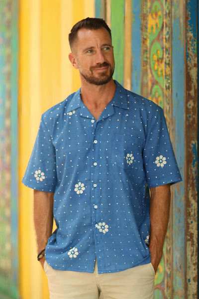 Mens linen-blend short-sleeved shirt, Ocean Blue