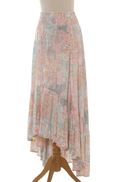 Falda alta-baja de rayón, 'Sekar Jagad' - Falda alta-baja de rayón con estampado rosa pastel y aguamarina