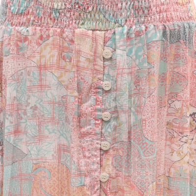 Falda alta-baja de rayón, 'Sekar Jagad' - Falda alta-baja de rayón con estampado rosa pastel y aguamarina
