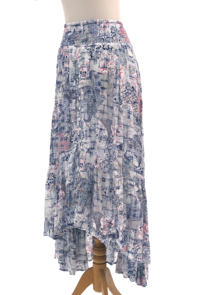 Rayon high-low skirt, 'Wijaya Kusuma' - Elastic Waist High-Low Rayon Print Skirt