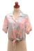 Rayon tie-front blouse, 'Sekar Jagad' - Pastel Pink and Aqua Rayon Print Tie Front Blouse