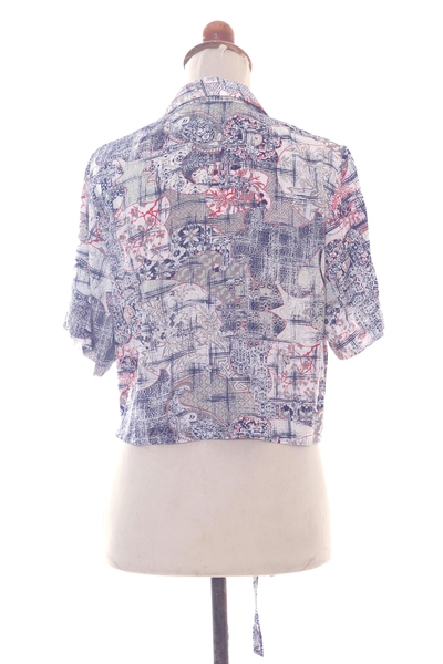 Rayon tie-front blouse, 'Wijaya Kusuma' - Tie-Waist Print Rayon Women's Blouse