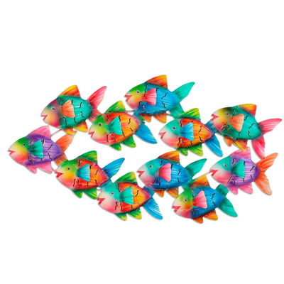 Metal wall sculpture, 'Colorful School' - Colorful Metal School of Fish Wall Sculpture