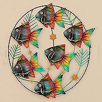 Metal wall sculpture, 'Rainbow School' - Hand Crafted Metal Wall Sculpture of Tropical Fish
