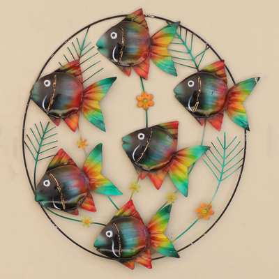 Metal wall sculpture, 'Rainbow School' - Hand Crafted Metal Wall Sculpture of Tropical Fish