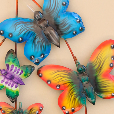 Metal Wall Art, 'Social Butterflies' - Steel Butterfly Wall Art Handmade in Bali