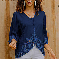 Blue Rayon Embroidered Floral Blouse,'Azure Blossom'