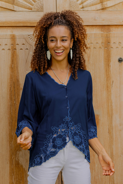 Embroidered rayon blouse, 'Azure Blossom' - Blue Rayon Embroidered Floral Blouse