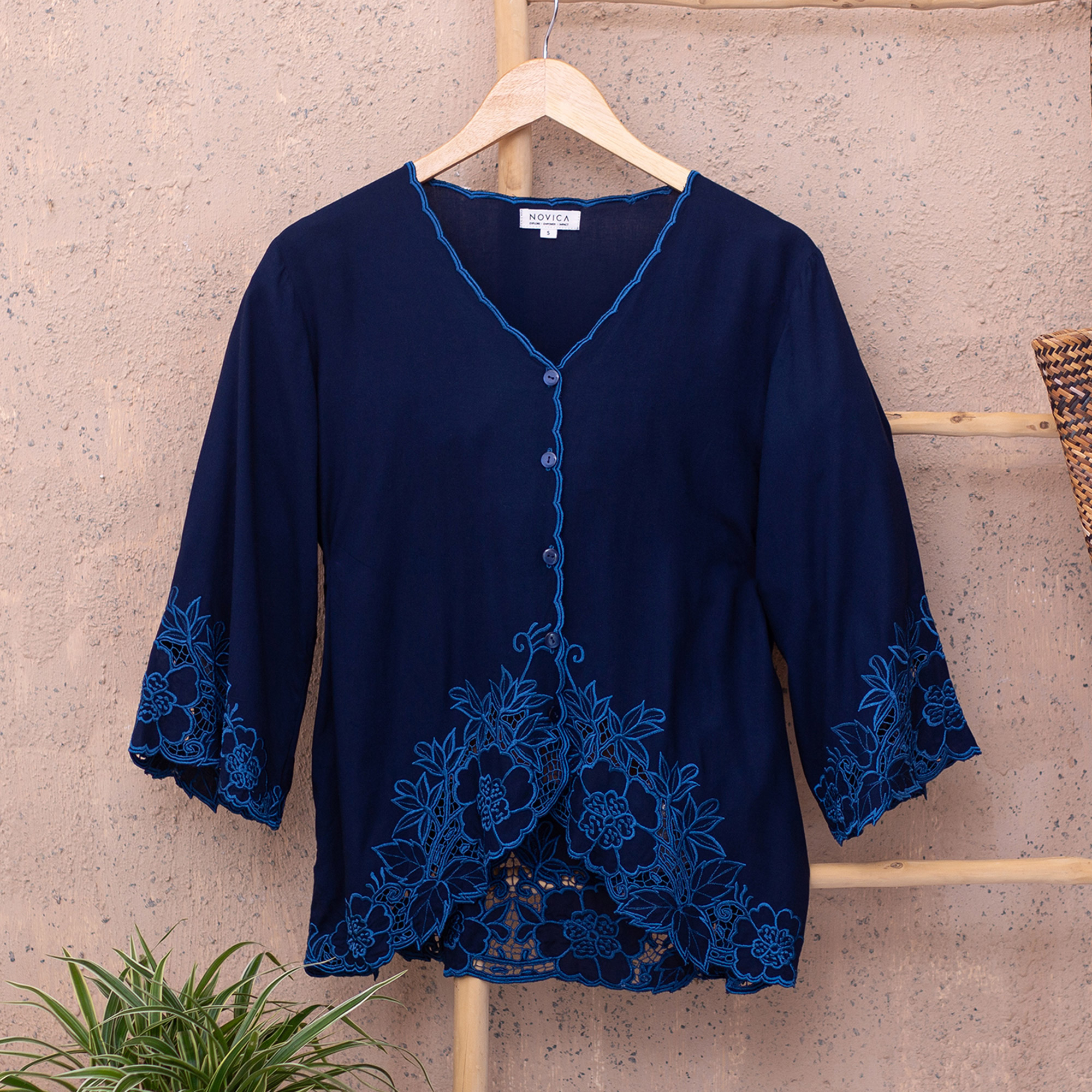 Blue Rayon Embroidered Floral Blouse - Azure Blossom | NOVICA