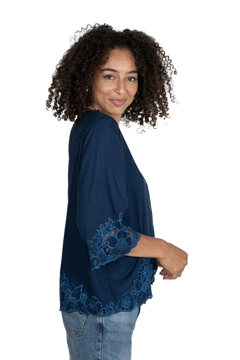 Blue Rayon Embroidered Floral Blouse - Azure Blossom | NOVICA