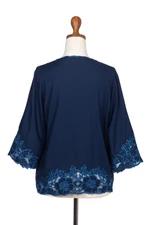 Blue Rayon Embroidered Floral Blouse - Azure Blossom | NOVICA