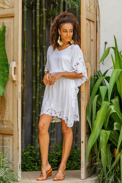 Embroidered rayon caftan, 'Goddess in White' - Lacy Belted White Rayon Caftan from Bali