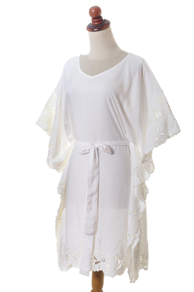 Embroidered rayon caftan, 'Goddess in White' - Lacy Belted White Rayon Caftan from Bali