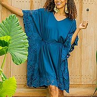 Embroidered rayon caftan, 'Goddess in Azure' - Embroidered Rayon Caftan in Azure from Bali