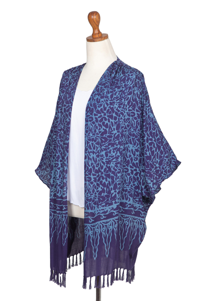 Rayon batik kimono, 'Waterways' - Rayon Batik Kimono Jacket in Blue Violet Print
