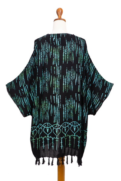 Rayon-Batikkimono, 'Regentropfen - Handgestempelt Schwarz und Minze Rayon Batik Kimono