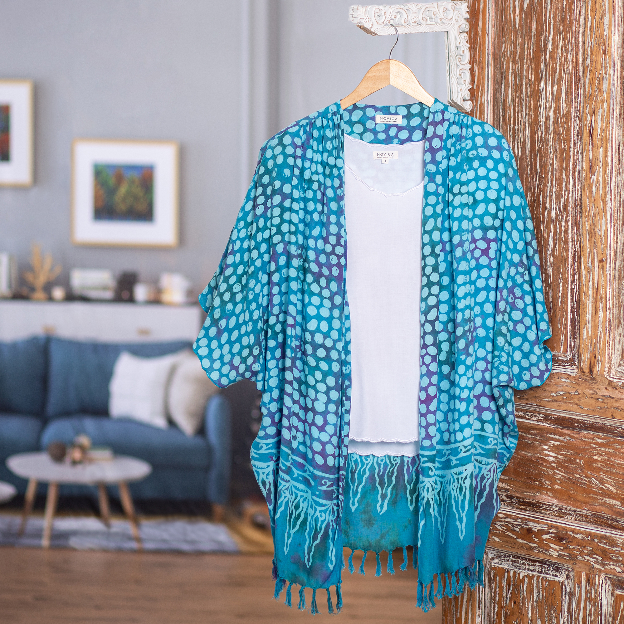 UNICEF Market | Blue Batik Rayon Kimono Topper for Women - Bubbles