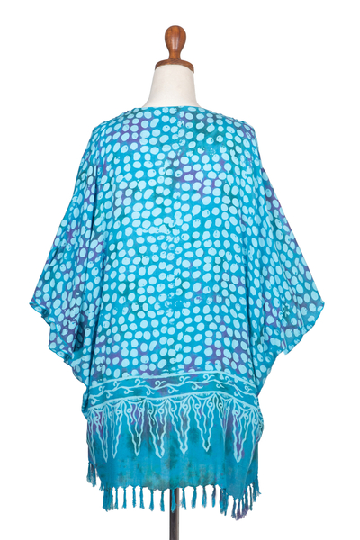 Rayon batik kimono, 'Bubbles' - Blue Batik Rayon Kimono Topper for Women