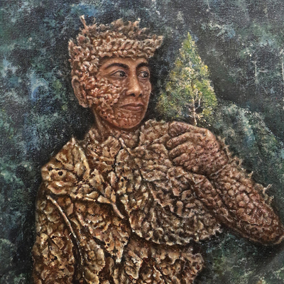„Zurück zur Natur I“ (2019) – Surrealistisches Gemälde einer Person aus Blättern (2019)
