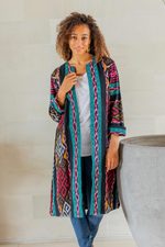 Handwoven cotton jacket, 'Kartini Emerald' - Long Handwoven Red & Green Ikat Cotton Duster Jacket