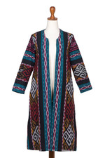 Handwoven cotton jacket, 'Kartini Emerald' - Long Handwoven Red & Green Ikat Cotton Duster Jacket