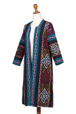 Handwoven cotton jacket, 'Kartini Emerald' - Long Handwoven Red & Green Ikat Cotton Duster Jacket