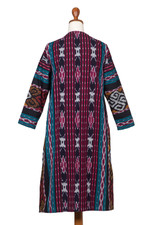 Handwoven cotton jacket, 'Kartini Emerald' - Long Handwoven Red & Green Ikat Cotton Duster Jacket