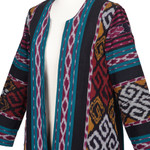 Handwoven cotton jacket, 'Kartini Emerald' - Long Handwoven Red & Green Ikat Cotton Duster Jacket