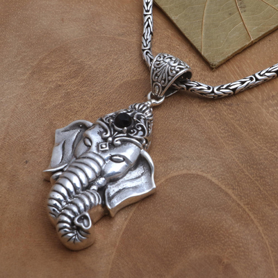 Onyx pendant necklace, 'Ganesha's Crown' - Ganesha Themed Pendant Necklace with Onyx