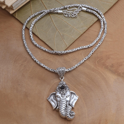 Onyx pendant necklace, 'Ganesha's Crown' - Ganesha Themed Pendant Necklace with Onyx