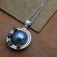 Cultured mabe pearl and garnet pendant necklace, 'Planetary Orbit' - Blue Cultured Mabe Pearl and Garnet Pendant Necklace