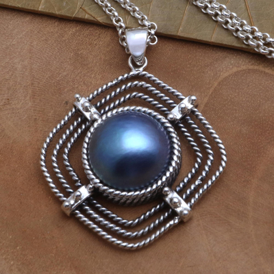 Cultured mabe pearl pendant necklace, 'In My Sights' - Cultured Blue Mabe Pearl Pendant Necklace