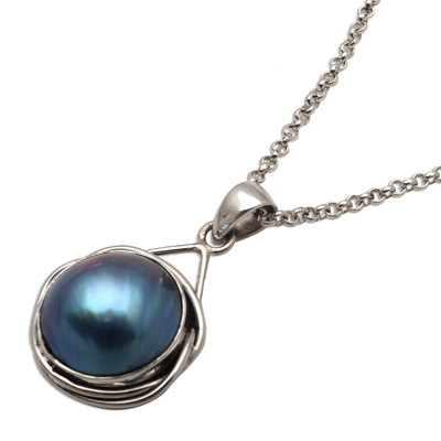 Cultured mabe pearl pendant necklace, 'Moon Nest' - Cultured Blue Mabe Pearl Necklace on Rolo Chain