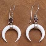 Garnet and bone dangle earrings, 'Sanur Crescents' - Garnet and Crescent Bone Dangle Earrings from Bali
