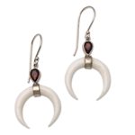 Garnet and bone dangle earrings, 'Sanur Crescents' - Garnet and Crescent Bone Dangle Earrings from Bali