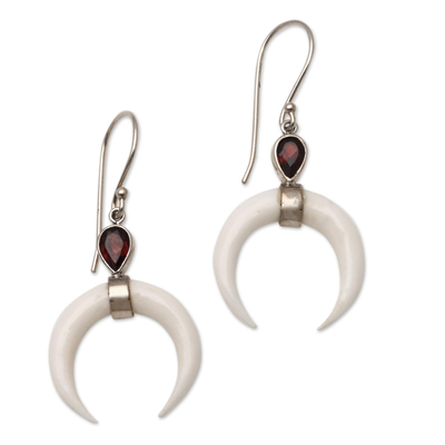 Garnet dangle earrings, 'Sanur Crescents' - Garnet Crescent Dangle Earrings from Bali