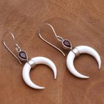 Garnet and bone dangle earrings, 'Sanur Crescents' - Garnet and Crescent Bone Dangle Earrings from Bali