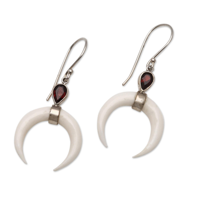 Garnet dangle earrings, 'Sanur Crescents' - Garnet Crescent Dangle Earrings from Bali