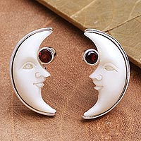 Garnet and bone stud earrings, 'Awake Moons' - Garnet and Bone Crescent Moon Stud Earrings from Bali