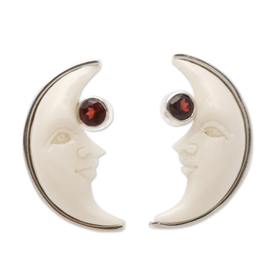 Garnet button earrings, 'Moon Awakening' - Garnet Crescent Moon Button Earrings from Bali