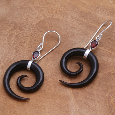 Garnet and horn dangle earrings, 'Shadow Swirls' - Swirl-Shaped Garnet and Dark Horn Dangle Earrings from Bali