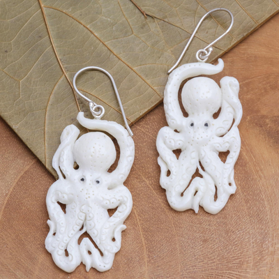 Bone dangle earrings, 'Friendly Octopus' - Hand-Carved Octopus Dangle Earrings from Bali