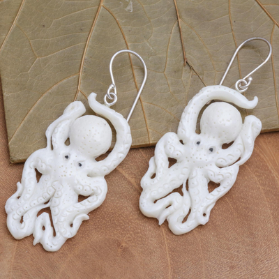 Bone dangle earrings, 'Friendly Octopus' - Hand-Carved Bone Octopus Dangle Earrings from Bali