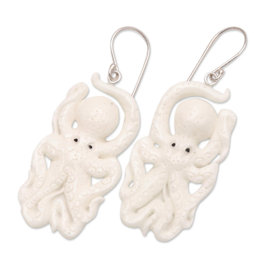 Bone dangle earrings, 'Friendly Octopus' - Hand-Carved Octopus Dangle Earrings from Bali
