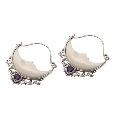 Amethyst hoop earrings, 'Sleeping Moons' - Amethyst Crescent Moon Hoop Earrings from Bali