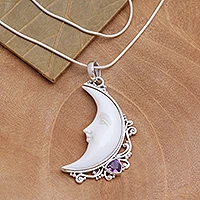 Amethyst pendant necklace, 'Resting Moon' - Amethyst Crescent Moon Pendant Necklace from Bali