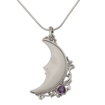 Amethyst pendant necklace, 'Resting Moon' - Amethyst Crescent Moon Pendant Necklace from Bali