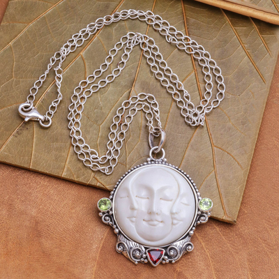Peridot and garnet pendant necklace 'Moon Ancestor' - Peridot and Garnet Moon Pendant Necklace from Bali
