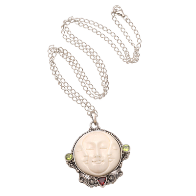 Peridot and garnet pendant necklace, 'Moon Ancestor' - Peridot and Garnet Moon Pendant Necklace from Bali