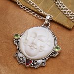 Peridot and garnet pendant necklace, 'Moon Ancestor' - Peridot and Garnet Moon Pendant Necklace from Bali